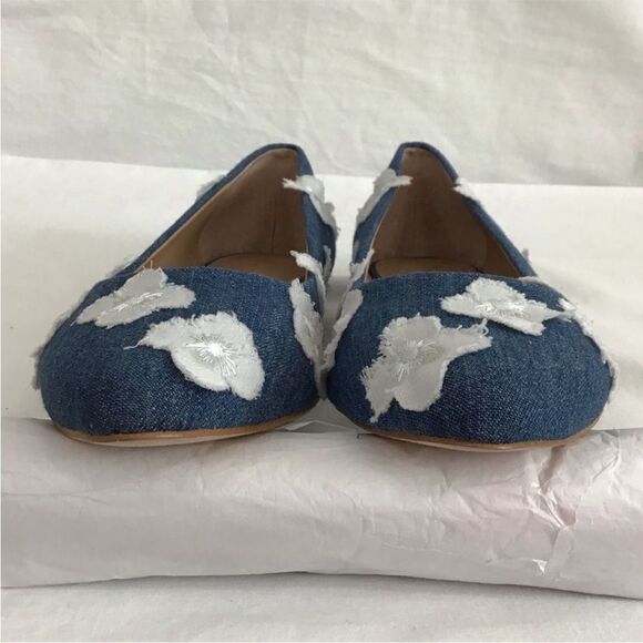 Anthropologie Denim Floral Appliqué Point Toe Ballet Flat Shoes Jean Size 8 1/2 - Picture 6 of 13